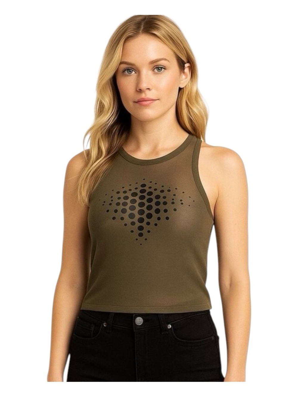 Women’s Olive Green Mesh Sleeveless Tank Top Activewear Yoga Gym Running Pilates